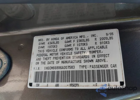 2006 Honda Accord 3.0 Ex z USA, uszkodzony, nr VIN 1HGCM66896A007583